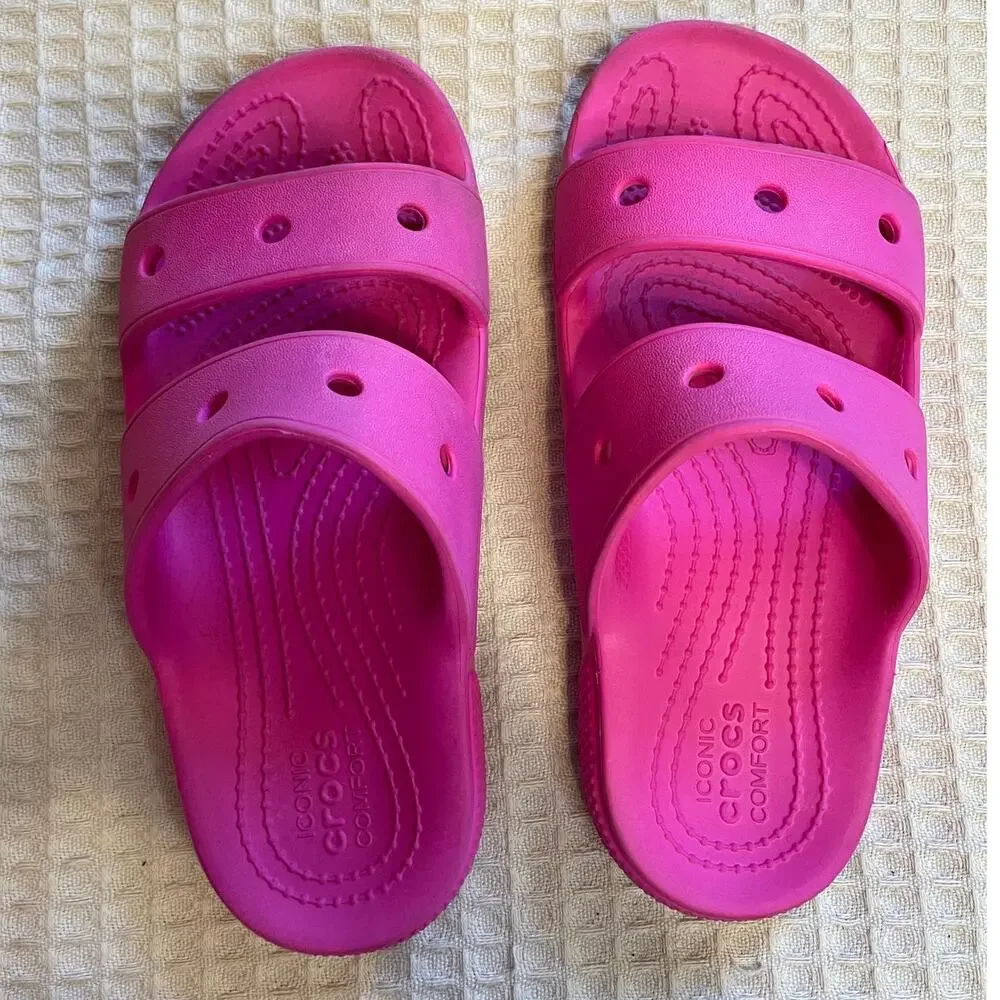Crocs Children’s Bright Pink Open Toed Slip On Slides Size J2